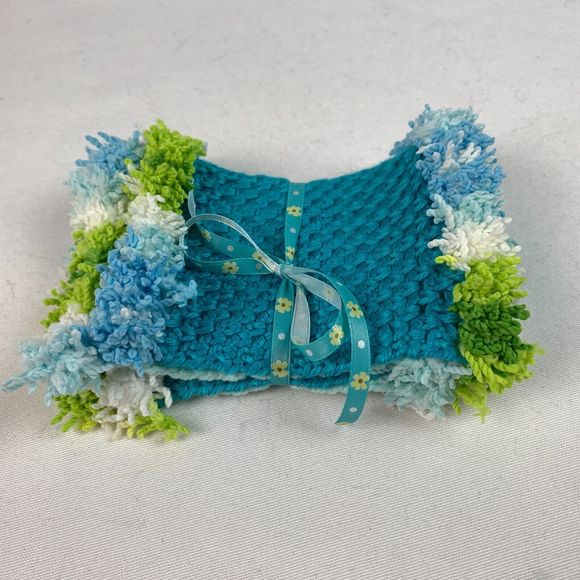 Mug Rugs Handmade Crochet Turquoise Blue Green White Cotton Fringe 4 Coasters - Picture 2 of 7